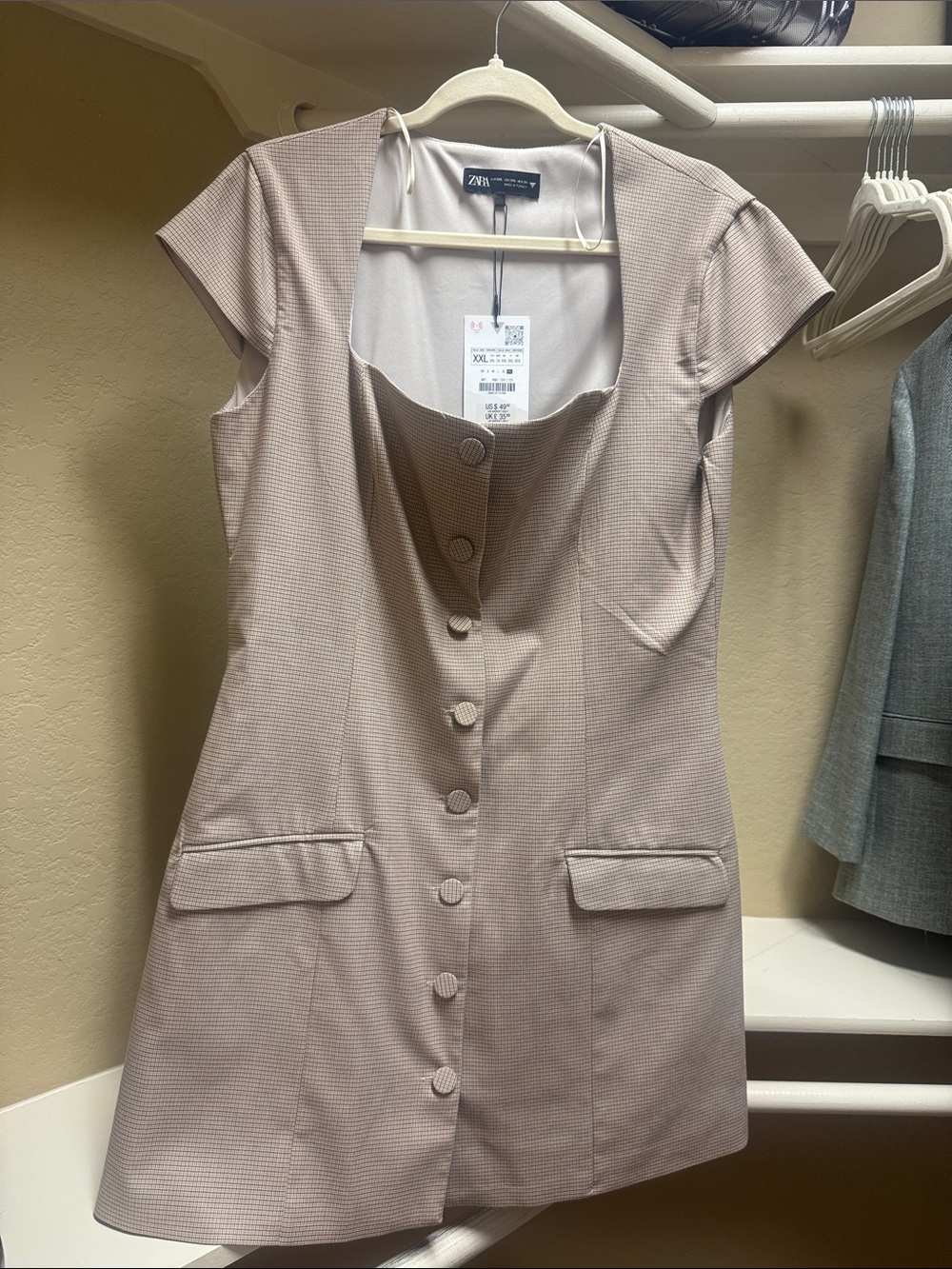 ZARA Beige/Taupe Cap-Sleeve Button-Front Mini Dress